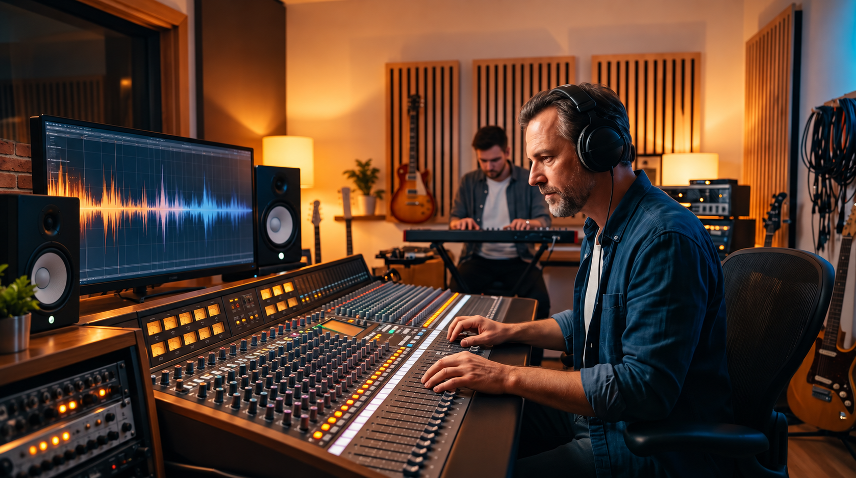 Illustratives Studiomotiv: Musikproduktion und Mastering am Mischpult