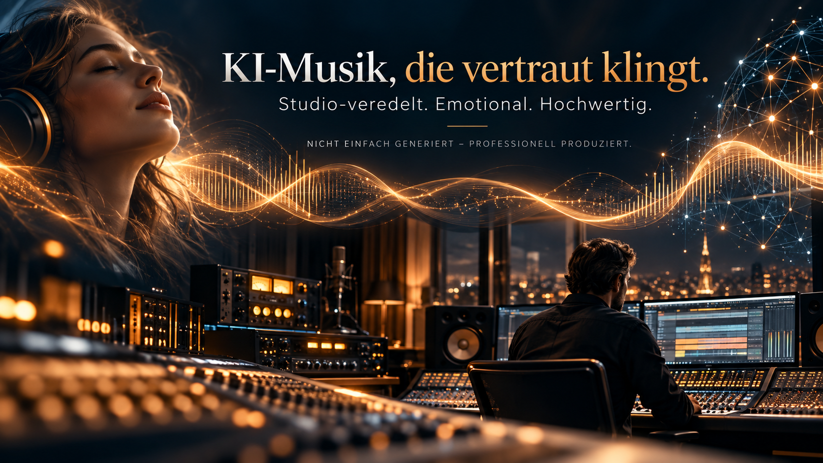 KI-Musik, die vertraut klingt. Studio-veredelt. Emotional. Hochwertig. Nicht einfach generiert – professionell produziert.